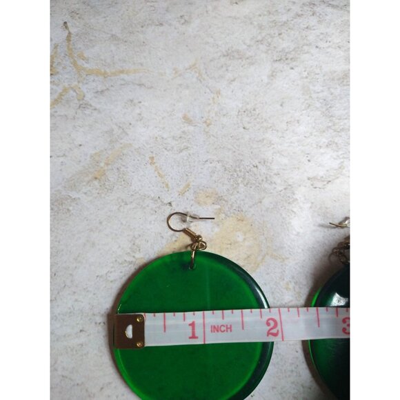 Funky Vintage Large Round Green Disc Earrings - Picture 3 of 5